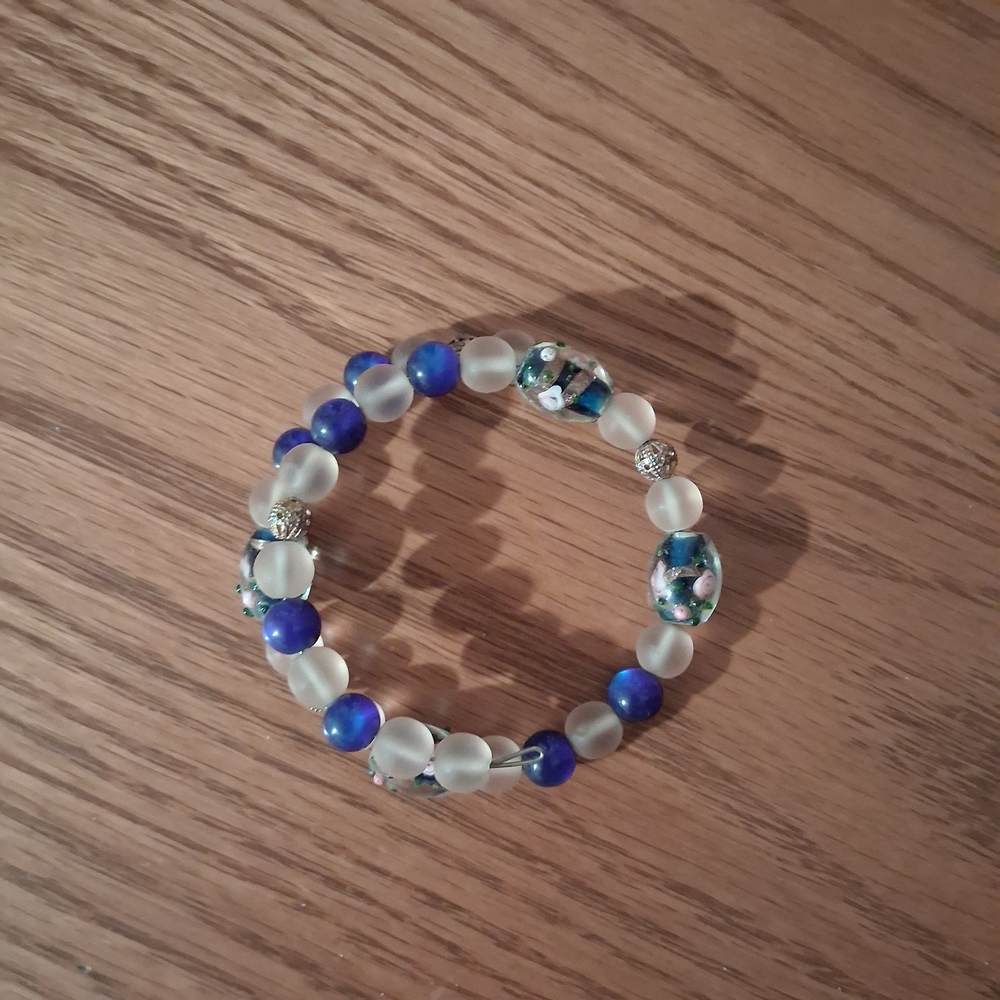 Handcrafted Blue and Frosted Glass Beaded Coil Bracelet